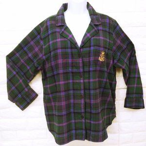 Lauren Ralph Lauren Plaid Flannel PJ Sleep Top Lady-1X Button-Up Green Purple